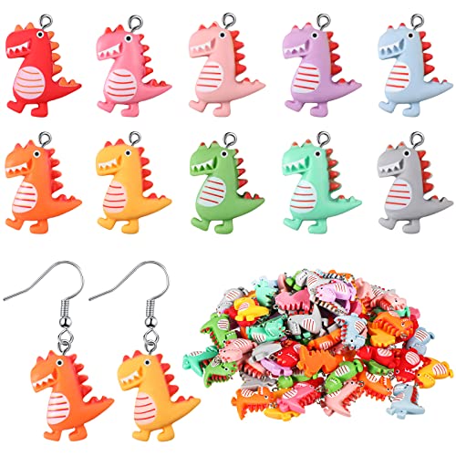 100 Pieces Dinosaur Charms for Jewelry Making, Cute Resin Dinosaur Pendants Charms for Girls Kids Earring Bracelet Necklace DIY Crafting, 10 Colors (Cute Style)