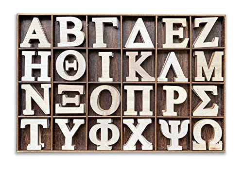 2 Inch 120 Pieces Wooden Greek Letters Bold Font Unfinished Wood Greek Alphabets with Rustic Tray for Large Paddles Embellishment/Sorority/Fraternity/DIY Project/Learning/Wall Decor