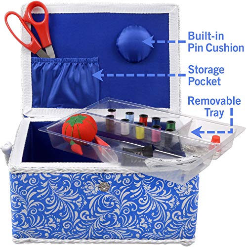 SINGER 07228 Sewing Basket with Sewing Kit, Needles, Thread, Pins, Scissors, and Notions, Deliah Scroll