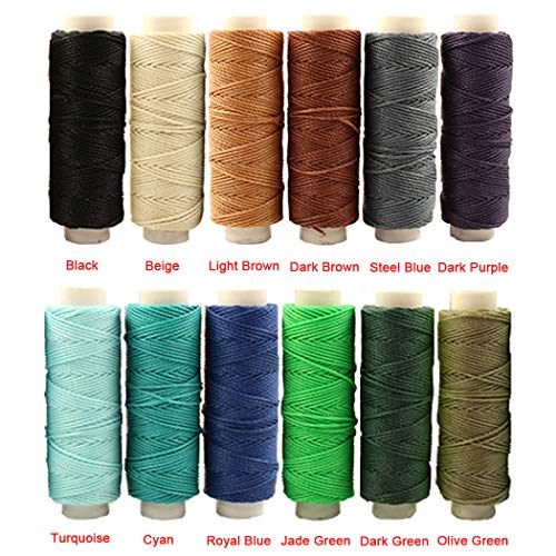 FANDOL Waxed Cords Polyester Leather Sewing Thread Waxed Strings for Macrame, DIY Bracelets, Handcraft or Leather Projects (12 Dark Colors)