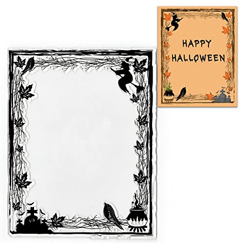 Hying Halloween Background Clear Stamps for Card Making, Witch Crow Transparent Rubber Stamps Tree Leaves Frame Silicone Stamp Seal for Crafting DIY Scrapbooking Photo Album Decorations