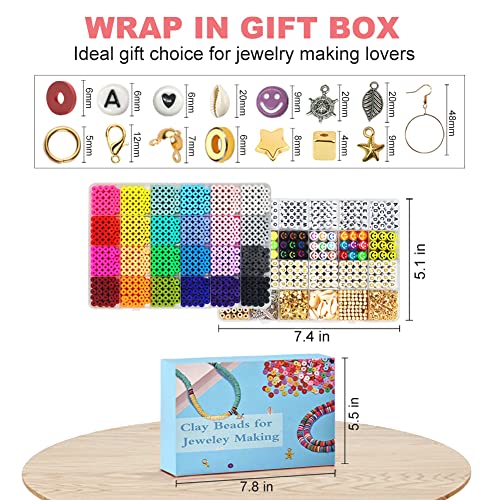 7200 Clay Beads Bracelet Making Kit,24 Colors Spacer Flat Beads for Jewelry Making ,Polymer Heishi Beads with Charms and Elastic Strings,Crafts Gifts Set for Girls(2 Box)
