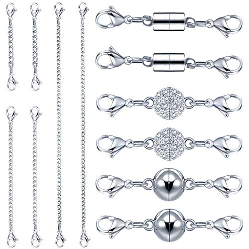 QACOWW 12 Pieces Necklace Extenders, Necklace Extension Clasps Set, Chain Extenders for Necklace Bracelet Anklet Jewelry Making Supplies (Silver)