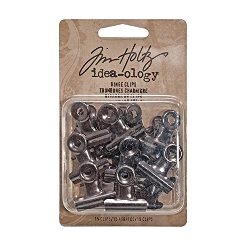 Tim Holtz Idea-ology Hinge Clips, Antique Satin Nickel Finish, Pack of 15 Miniature Metal Bulldog Clips, 7/8 x 7/8 Inch, TH92692