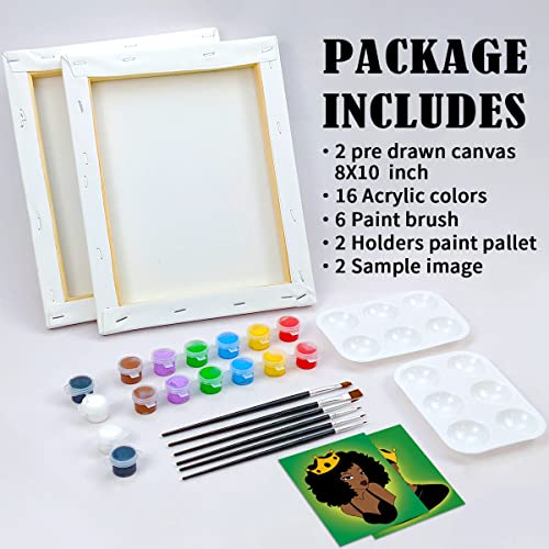 Paint and Sip Kit Pre Drawn for Painting for adults Stretched Canvases for Painting Couples Paint Party Kits Couples Games Date Night Ideas（2pack）Painting Canvas Afro Queen King 8x10 Paint Art Set