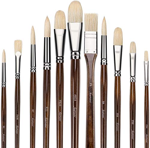 Fuumuui 11pcs Professional Paint Brush Set, 100% Natural Chungking Hog Bristle Artist Brushes for Acrylic and Oils Painting with a Free Carrying Box