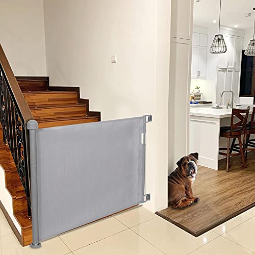 YOOFOR Retractable Baby Gate, Extra Wide Safety Kids or Pets Gate, 33” Tall, Extends to 71” Wide, Mesh Safety Dog Gate for Stairs, Indoor, Outdoor, Doorways, Hallways (Grey, 33"x71")