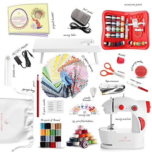 Hearth & Harbor Mini Sewing Machine for Beginners with Sewing Kit, 122 PC Dual Speed Portable Sewing Machine, Travel Small Sewing Machine Kit, Kids Sewing Machine Ages 8-12 with DIY Sewing Book & More