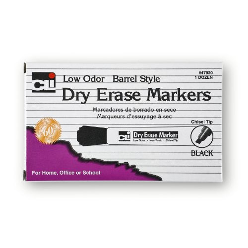 Charles Leonard Dry Erase Markers, Barrel Style with Chisel Tip, 12 Markers per Box, Black (47920)