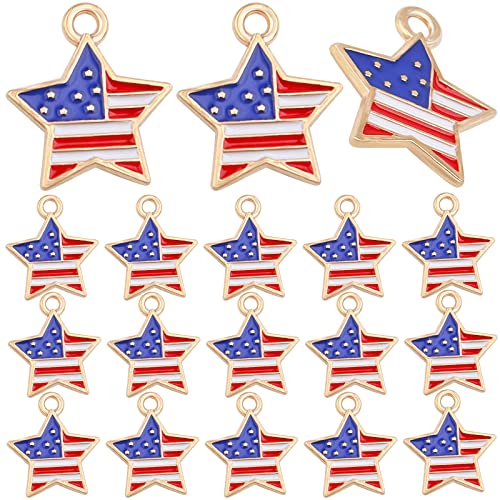 BronaGrand 30pcs American Flag Charm Pendants Enamel Star Shape Patriotic Dangle Charms for 4th Independence Day Ornament of July DIY Decoration Jewelry Making