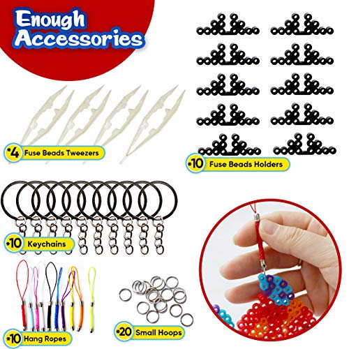 20 PCS 5mm Fuse Beads Boards Clear Plastic Fuse Beads Pegboards with 20 Colorful Cards, 4 Tweezers, 10 Hang Ropes, 10 Keychains, 20 Small Hoops and 10 Holders for Kids DIY Craft Beads