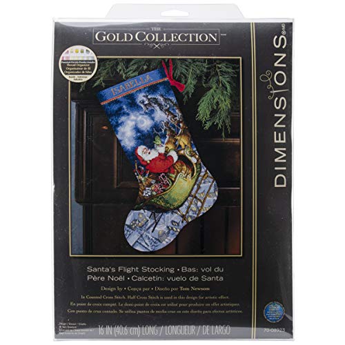 Dimensions Gold Collection Counted Cross Stitch 'Santa's Flight' Personalized Christmas Stocking Kit, 16 Count Grey Aida, 16''