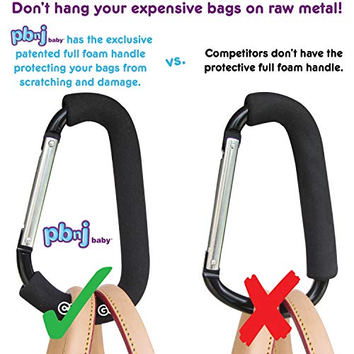 PBnJ Baby Clip n Go Large Stroller Organizer Hook – Metal Handle Hooks for Purse, Shopping, Grocery & Diaper Bags – Heavy Duty Backpack Hanger Clips – Travel Carry Accessory for Luggage Trolley