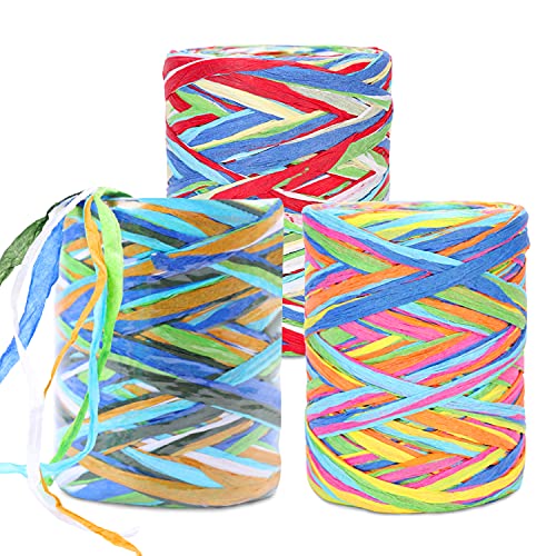 787 Feet Colored Raffia Ribbon, 3 Rolls 6 Ply Paper String Raffia Ribbon Craft Packing Paper Twine for Gift Wrapping, Festival Gifts, Party Decoration, Christmas, Craft Projects, 262 Feet Each Roll