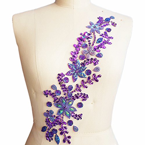 Pure Handmade 10x42cm Bright Crystal Patches Sew-on Rhinestones Applique Aesigns with Stones Sequins Beads DIY for Wedding Dress Decor Accessory Belt Waist Decoration (Purple)