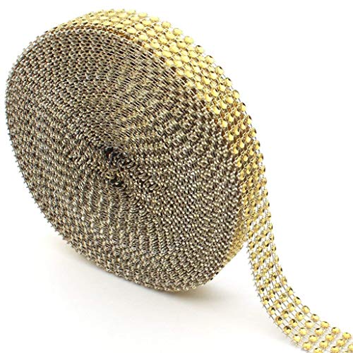 4 Row 10 Yard Acrylic Rhinestone Dismond Ribbon Roll, Sparkling Diamond Mesh Wrap Roll for Wedding Cakes, Birthday Decorations, Shower, Party Supplies, Arts and Crafts (Gold)