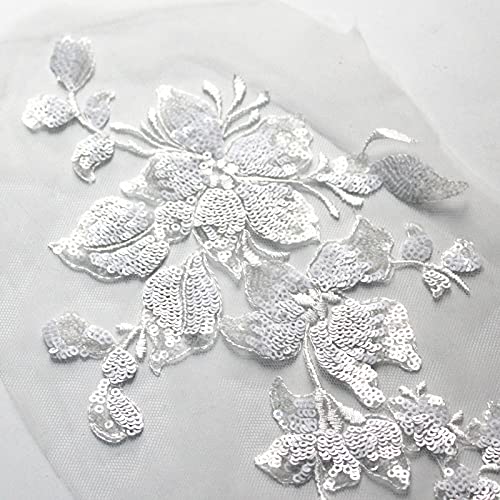 SUNMOVE Embroidery Sequin Lace Applique Sewing Flower Fabric Collar Patch for Wedding Gown Dress Bridal DIY Crafts(White)