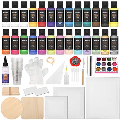 Nicpro 26 Colors 2oz Acrylic Pour Paint Supplies Kit, Pre-Mixed Pouring Paint High Flow Painting Bulk Set with Canvas, Wood Slices, Pouring Oil, Tools, Gloves, Strainer, Cups, Glitter for Beginner DIY