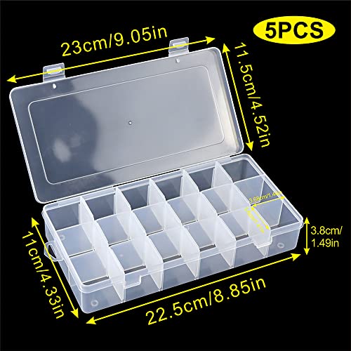 5 Pack 18 Compartment Organizer Box with Parkical Adjustable Dividers, 18 Grids Plastic Storage Container for Jewelry, Craft DIY, Bead Organizer, Sewing, Dip Powder, Hair Accessories