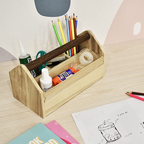 Ikee Design Small Natural Wood Color Wooden Craft Tool Box Caddy with a Handle for Storage Tool, Makeup, Collections with 5 Compartments for Storage and Organizing, 10"W x 5.1"D x 3.5"H