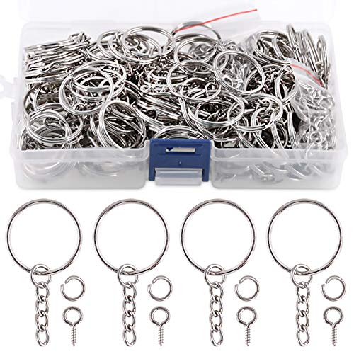 Swpeet 450Pcs 1" 25mm Sliver Key Chain Rings Kit, Including 150Pcs Keychain Rings with Chain and 150Pcs Jump Ring with 150Pcs Screw Eye Pins Bulk for Jewelry Findings Making (Sliver)