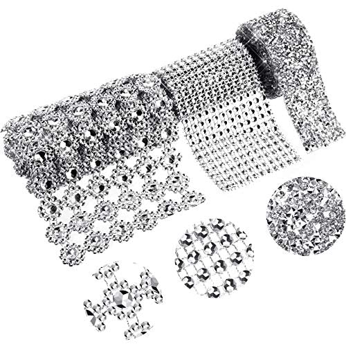 3 Rolls/3 Yards Crystal Rhinestone Ribbon Diamond Bling Ribbons Flower Mesh Rhinestone Ribbon Faux Crystal Diamond Ribbon Wrap Banding Belt Wrap for DIY Crafts Decoration, 3 Styles (Silver)