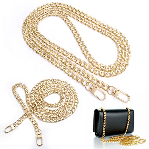 2Pcs 47 Inch Purse Flat Chain Strap Shoulder Crossbody Replacement Straps with Metal Buckles Gold Chain Strap for Purse Crossbody Handbag