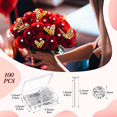 100 Pcs Bouquet Wedding Corsages Pins for Flowers and 48 Pcs 3D Gold Butterfly Wall Decor 3 Sizes, Flower Rhinestone Head Pins Butterfly Stickers Wall Decals for Wedding Birthday Party