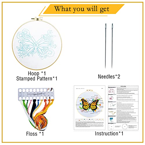 Yutaohui Butterfly Embroidery Kit with Flower,Flora Embroidery Kit for Adults Beginner,Stamped Cross Stitch Kit for Starters with Instruction,Hoop(7.9inch*7.9inch) ,Needles,Cloth and Thread.