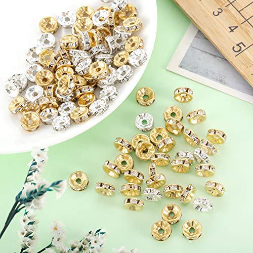 Bememo 200 Pieces 8mm Rondelle Beads Crystal Spacer Beads Loose Beads for Jewelry Bracelets Making (Golden and Silvery)