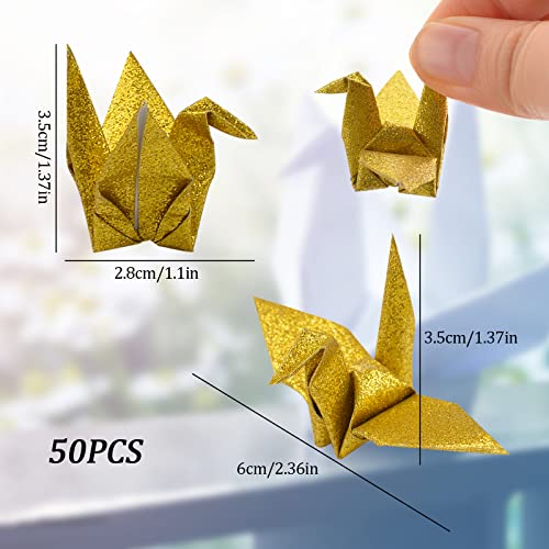WANDIC 50 Pcs Origami Paper Cranes, Handmade Folded Origami Paper Crane String Garland for Wedding Party Backdrop Home Decoration, Glitter Gold