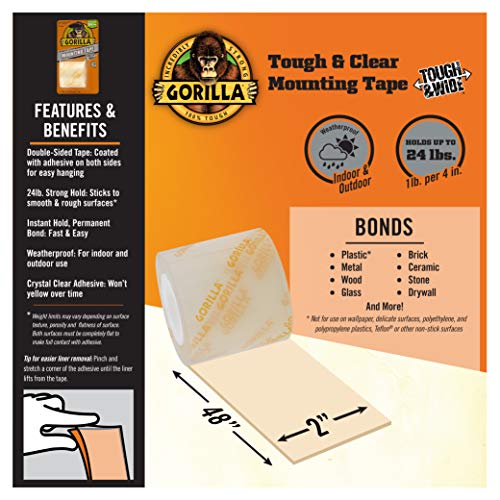 Gorilla Tough & Wide, Heavy Duty Double Sided Mounting Tape, 2" x 48", Clear, (Pack of 1)