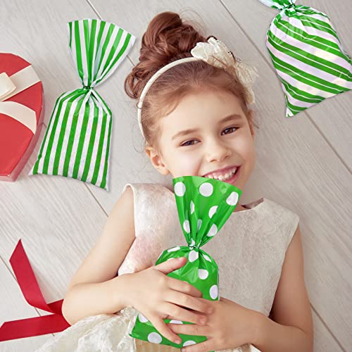 Aneco 100 Pack Green and White Cellophane Bags Plastic Candy Bags Gift Bags Goodie Bags with Twist Ties for Valentine, Birthday, Gift Cookie Snack Packing Party Favor Supplies