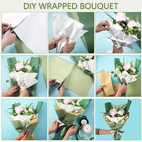 36 Sheets Double Sided Flower Wrapping Paper Floral Bouquet Paper Waterproof Florist Packaging Paper and 50 Yards Satin Ribbon with Gold Border for Valentines Day Wedding Engagement(Green Series)
