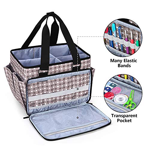 YARWO Sewing Accessories Organizer, Craft Storage Tote Bag with Pockets for Sewing Accessories and Craft Supplies, Gray Dots