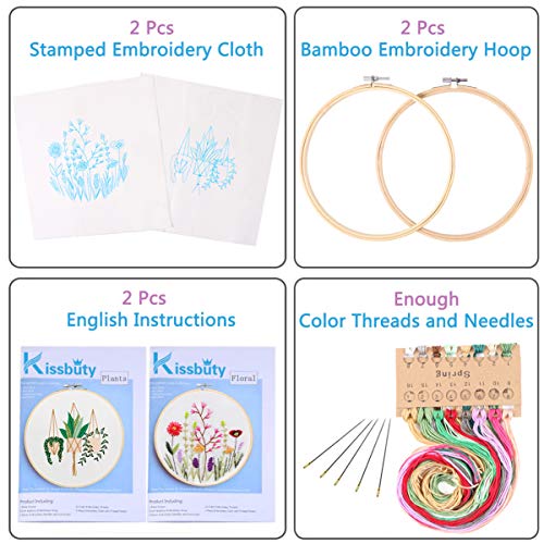 2 Pack Embroidery Starter Kit with Pattern, Kissbuty Full Range of Stamped Embroidery Kit Including Embroidery Fabric with Pattern, Bamboo Embroidery Hoop, Color Threads, Tools Kit(Plant and Floral)