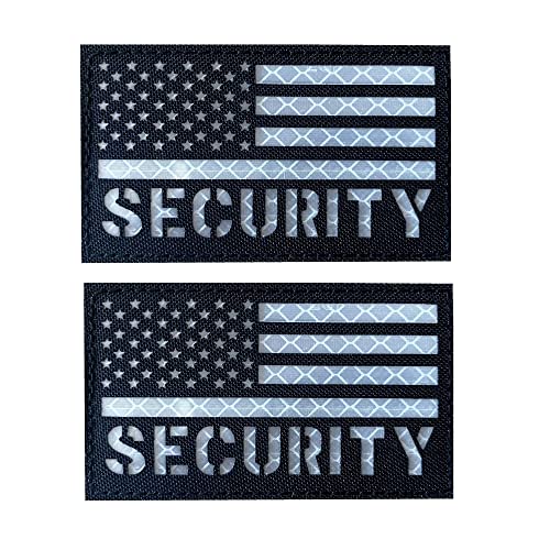 2 Pack Reflective Security Patch US Flag with Hook Back for Service Harness Tactical Vest Collar Hook-Fastener Backing (Black--White)