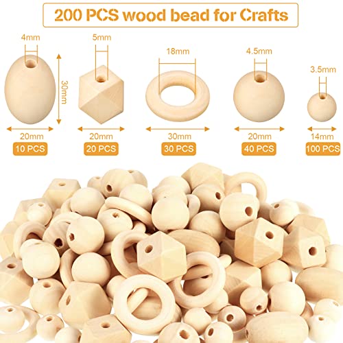 200 Pieces Natural Wood Beads Bird Toys 4 Styles Round Wood Beads Hexagon Polygon Wooden Beads Unfinished Geometric Beads for Garland Macrame Jewelry DIY Crafts, 20 mm, 14 mm, 30 mm, 20 mm, 20 mm