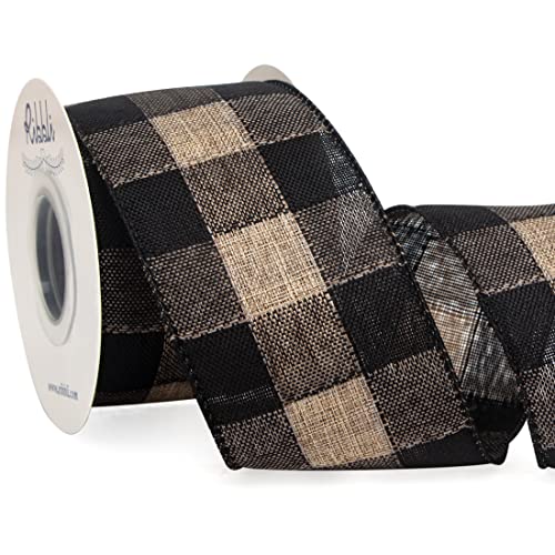 Ribbli Vintage Buffalo Plaid Ribbon, Black and Beige Check Wired Ribbon 2-1/2 inch x Continuous 10 Yard, Christmas Tree Ribbon for Topper Bow,Christmas Wreath and Swag,Tree Decoration,Gift Wrapping