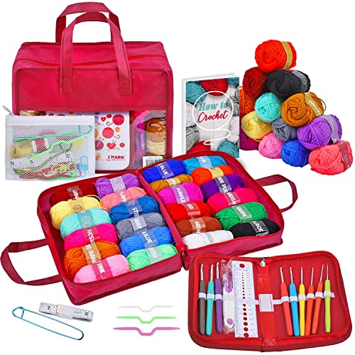 J MARK Crochet Kit for Beginners with Yarn Set, Premium Bundle Includes 1,320 Yards Acrylic Crochet Yarn Balls, Crochet Hooks, Needles, Book, Bags More, Professional Starter Pack for Adults and Kids