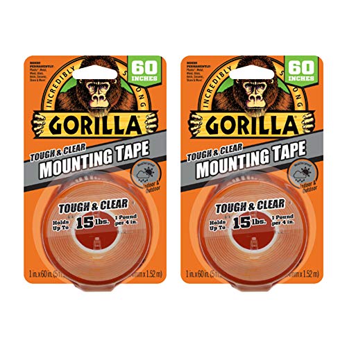 Gorilla Tough & Clear, Double Sided Mounting Tape, Weatherproof, 1" x 60", Clear, (Pack of 2)