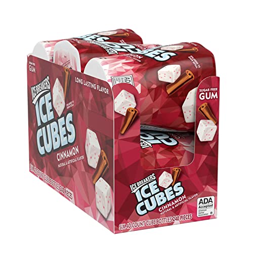 ICE BREAKERS ICE CUBES Cinnamon Sugar Free Chewing Gum, Made with Xylitol, 3.24 oz Cube Bottles (6 Count, 40 Pieces)