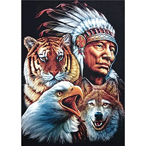 MXJSUA DIY 5D Diamond Painting Native American by Number Kits for Adults, Eagle Tiger Wolf Diamond Painting Kits Round Full Drill Diamond Art Kits Picture Arts Craft for Home Wall Art Decor 12x16 inch