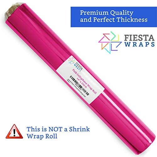 FIESTA WRAPS 200 ft Pink Cellophane Wrap Roll (16 in x 200 ft) - Cellophane Wrap Pink - Pink Clear Wrap - Cellophane Roll Pink - Pink Cello Wrap - Colored Cellophane Roll - Pink Transparent Paper