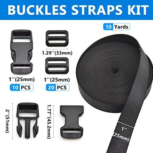 MELORDY 1 inch Buckles Straps Set with 10 Yards Nylon Webbing Strap,10 pcs Quick Side Release Plastic Buckle, 20 pcs Tri-glide Slide Clip for Luggage Strap, Backpack Replacement (Black)
