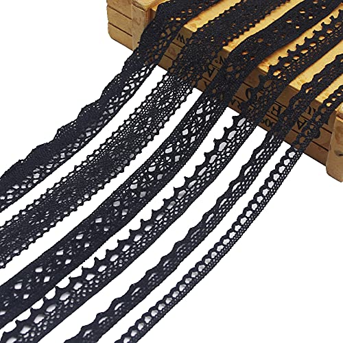 SEMINI 30 Yards Lace Trim Vintage Lace Ribbon Crochet Lace Scalloped Edge for Bridal Wedding Decoration Christmas Package DIY Sewing Craft Supply, 5 Yards Each, 6 Styles (Black 01)