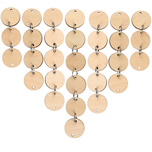 Bememo 100 Pieces Round Wooden Discs with Holes Birthday Board Tags and 100 Pieces 15 mm Rings for Arts and Crafts (3.8CM)