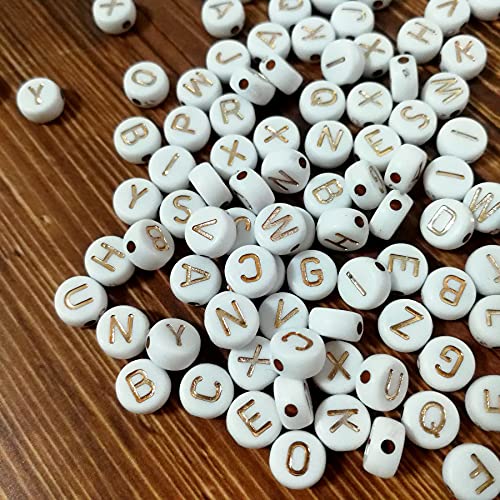 Amaney 1000pcs 7×4mm White Round Acrylic with Rose Gold Alphabet Letter Beads for Jewelry Making