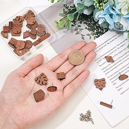 OLYCRAFT 16 Pairs Stud Earring Findings Walnut Wood Stud Earrings with 32pcs Iron Ear Nuts Vintage Walnut Wood Earring Accessories for Earring Jewelry Making Decoration Mixed Shapes