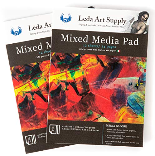 Leda Art Supply Mixed-Media Sketch Pad, Pack of 2 artbook (24 Sheets), Crafts, Painting & Drawing Cold Pressed Sheet for Watercolor, Acrylic, Ink, Pens, Makers or Oil Paintings (A4 Size 8.25 x 11.5)